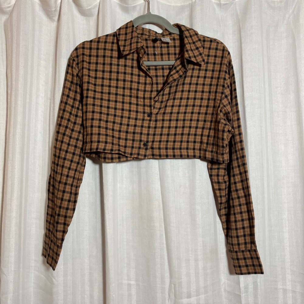 90s Grunge Alternative Women XS Brown Black Plaid Cropped Long Sleeve Shirt Top